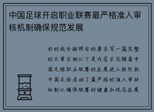 中国足球开启职业联赛最严格准入审核机制确保规范发展