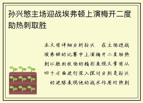 孙兴慜主场迎战埃弗顿上演梅开二度助热刺取胜